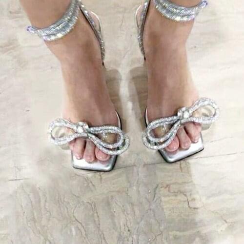 High heels stiletto 2021 summer square toe rhinestone bow knot rhinestone open toe sandals women shoes sandals women