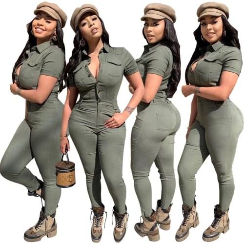 RStylish 2021 Summer Streetwear Solid Color Short Sleeve Single Breasted Overalls Sexy Bodycon Jumpsuit