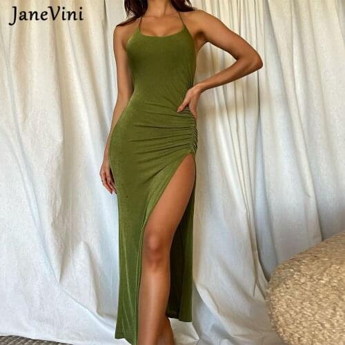 JaneVini Velvet Green Dresses Drawstring Halter High Side Split Bodycon Midi Dress Backless Sexy Dress Women Party Clothes 2021