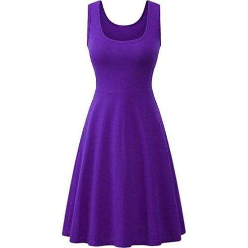 Summer Ladies Knee Length Sleeveless Solid Stretch O Neck Casual Party Sweet Slim Basic A Line Dresses