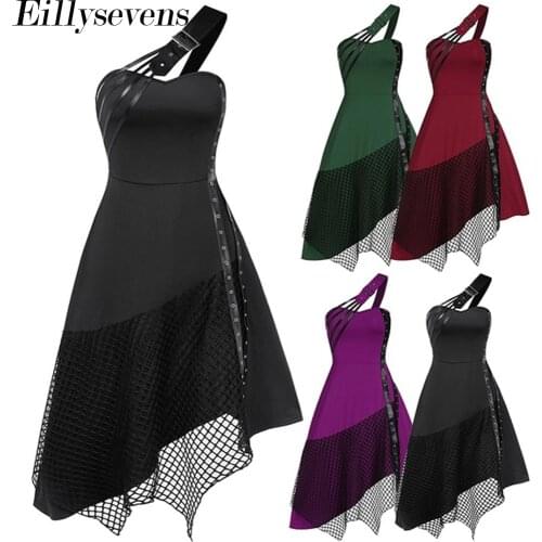 One Shoulder Womens Dress Sleeveless Gothic Vintage Solid Color Irregular Patchwork Dress Womens Goth Dresses Halloween 2020