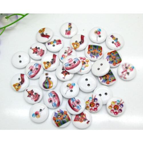 100pcs 15mm Mixed White Round Amusement Park Pattern Wooden Buttons For Clothes Crafts Sewing Scrapbooking DIY Accessories