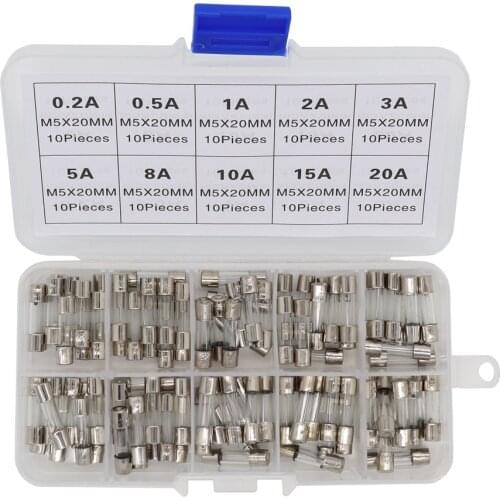 100 PCS 5x20mm Quick Blow Glass Tube Fuse Assorted Kits Fast-blow Glass Fuses 0.2A~20A