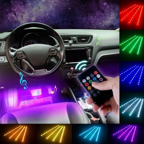 4pcs 48 LEDs Car Strip Lights RGB Music Activated Automobile Interior Decoration Light Bars DC 12V Power Wireless Remote Control
