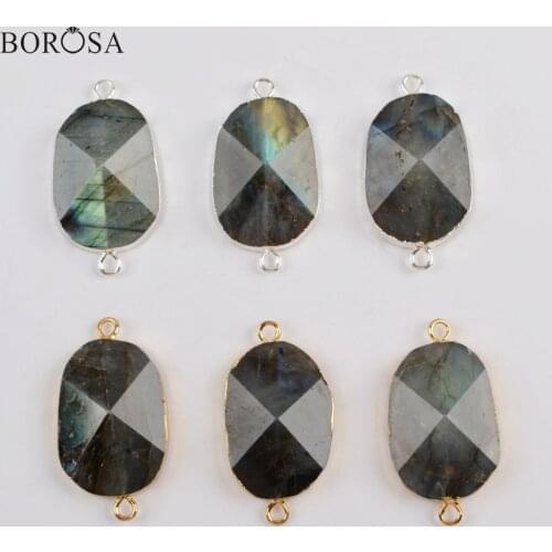 BOROSA 5PCS High Quality Gold/Silver Color Natural Labradorite Faceted Connector New Double Charms for Bracelet/Necklace G1813