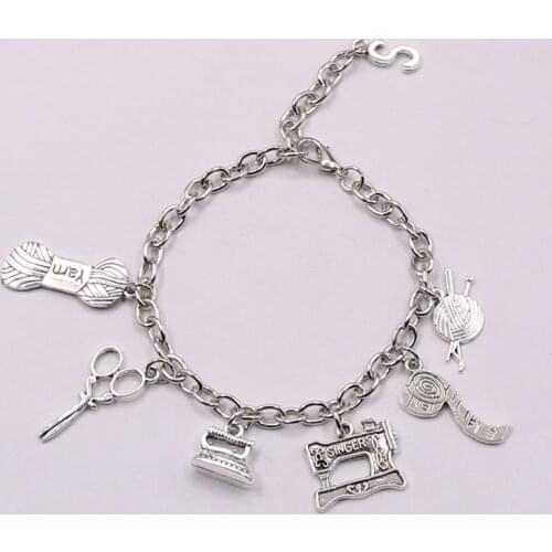 Fashion jewelry sewing machine Bracelet, seamstress Bracelet, Quilters Wool ball charm pendant bracelet Silver plated handmade