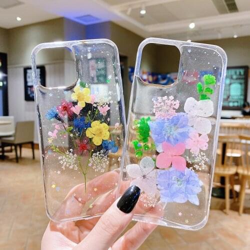 New Luxury Glitter Real Dried Flower Phone Case For iPhone 11 12 Pro Max X 7 8 Plus XR XS Max Transparent Back Cover Funda Shell