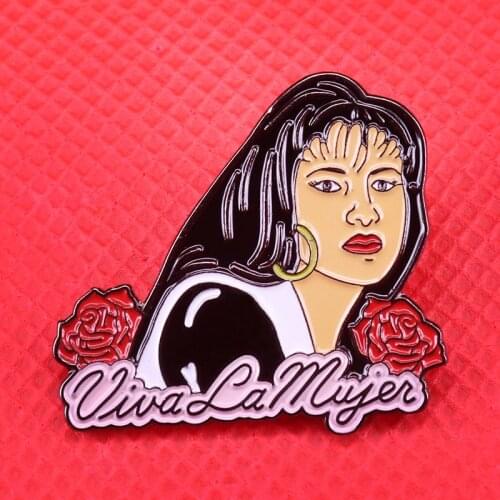 Viva La Mujer Selena Enamel Pin Surrounded by Roses Quirky Retro Feminist Art Brooch Cheers for Women Empowering