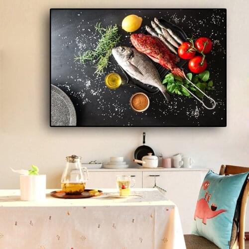 Vegetables Fish Kitchen Canvas Painting Posters and Prints Wall Art Picture Living Room(No Frame)