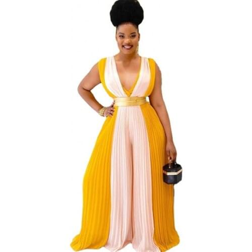 African Clothes For Women Jumpsuit Plunge V Neck Wide Leg Pants Rompers Summer New Panelled Pleated Streetwear African Jumpsuits