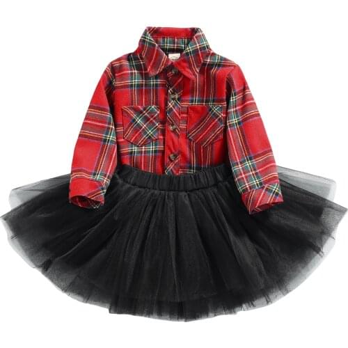 0-3Y Fashion Toddler Kids Girls Autumn Clothes Sets 2pcs Plaid Long Sleeve Shirt Tops + Multi-layer Tulle Skirt Outfit