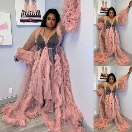 Fashion Pregnant Sleepwear Illusion Pink Women Evening Dress Photograph Robes Tiered Ruffles Gown Bathrobe Sleep Nightdress