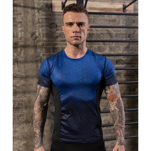 Mens Pro Fitness Apparel Short Sleeve Printed Gradient Sports Running High Elastic Quick Dry T-Shirt Tight Clothing Workout Top