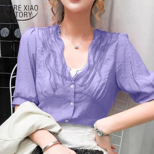 2020 Summer New Fashion Style Slim Short Sleeve Blouse Korean Style All-match Elegant V-neck Chiffon Shirt White Tops Women 9810