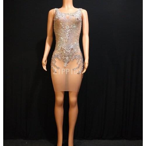 New Bright Silver Rhinestones Mesh Dress Womens Birthday Celebrate Dress Bar Singer Show See Through Outfit Prom Dress