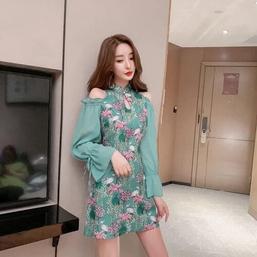 Womens Spring Autumn Chinese Improved Cheongsam Print Dress Chiffon Off-the-shoulder Flare Sleeve Slim Fit Mini Dress ML621