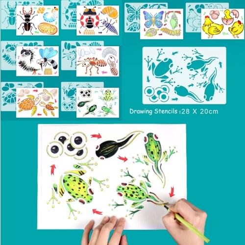 8pcs Animals and insects Growth Cycle Life Learning Montessori Educational Plastic Drawing Painting Stencils Toys for kids