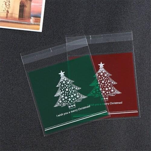 Christmas Cellophane Bags Party Cookie Sweet Candy Biscuit X-mas Gift Bag 10*10+3cm Self Adhesive 100X