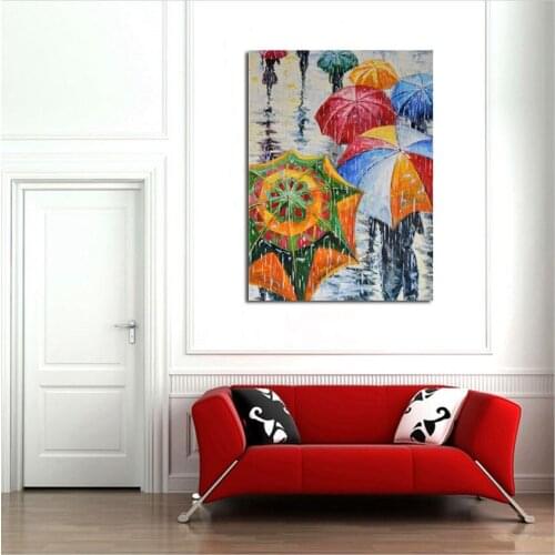 Hand painted landscape oil painting on canvas modern abstract hold the color umbrella walking in the rain oil painting home