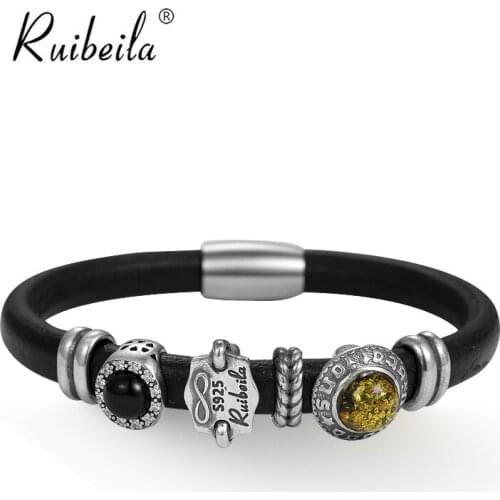 Ruibeila classique en cuir véritable bracelet en argent 925 ambre noir agate noir pierre précieuse boucle magnétique bracelet