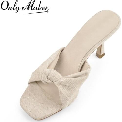 Onlymaker Square Toe Slip-On Sandals For Women White Hemp Butterfly Knot Kitten High Heels Slippers Casual Elegant Large Size