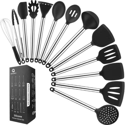 Heat Resistant Kitchen Utensil Silicone Cooking Utensils Set with Stainless Steel Handle Great Kitchen Tools for Gift