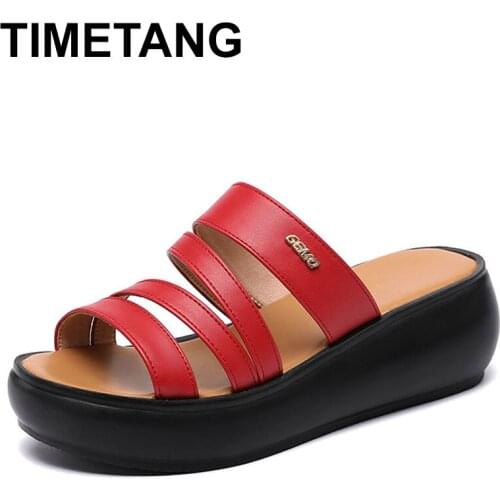 TIMETANG Plus Size 32-43 Mid Heels Leather Slippers Women Shoes Summer 2020 Open Head Platform Slippers Ladies Slides