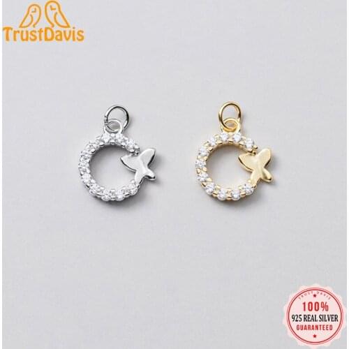 TrustDavis 2021 Fashion Real 925 Sterling Silver Sweet Round Butterfly CZ Charm Pendant Handmade DIY Accessories Wholesale DZ66