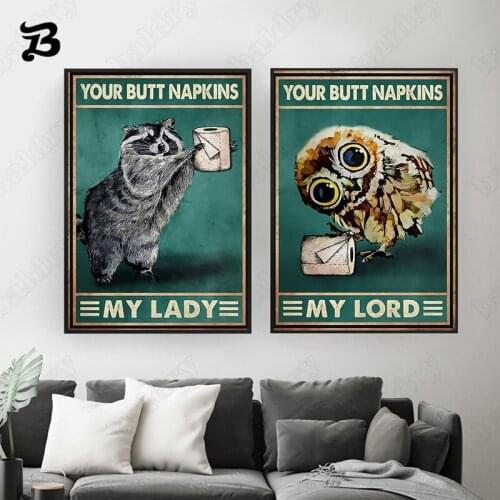 Cartoon Funny Canvas Picture Cute Cat and Owl Poster and Print Wall Pictures Decoration Vintage Wall Art for Bathroom Home Decor