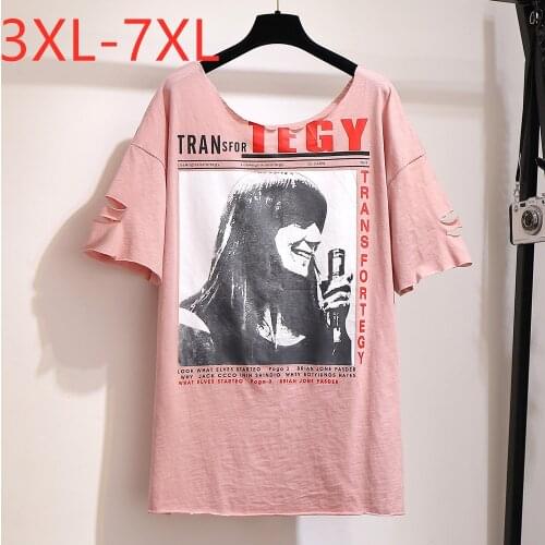 New 2021 summer plus size tops for women large loose casual short sleeve pink cotton print hole T-shirt 3XL 4XL 5XL 6XL 7XL