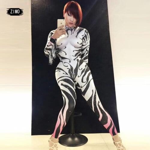 New Sexy Zebra Female Singer Tight Tassels Jumpsuit women Lead Dance Team Dance nightclub Party Show Performance Costume Costume