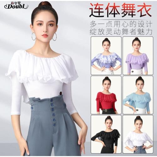 Latin Dance Practice Clothes Female Adult Net Red Beautiful White Ruffled Ballroom Dance Tops New Modern Dance Womens Mid-Sleev