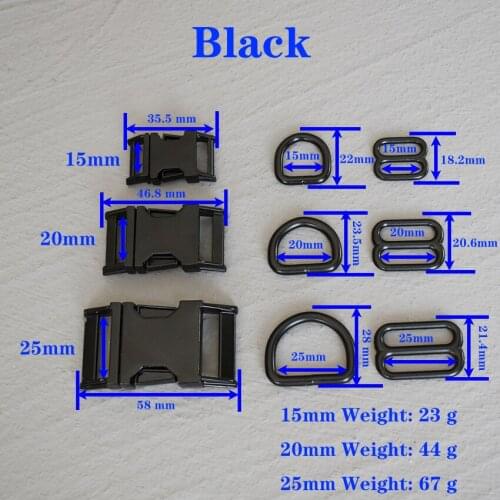 1 Set 15/20/25mm Metal Black D Ring Belt Straps Slider Side Release Buckle Spring Hook For Dog Leash Collar Accessories