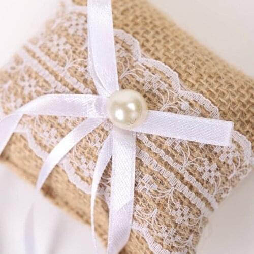 1pc 10x8cm Vintage Burlap Lace Bridal Wedding Ceremony Pocket Ring Bearer Pillow Cushion