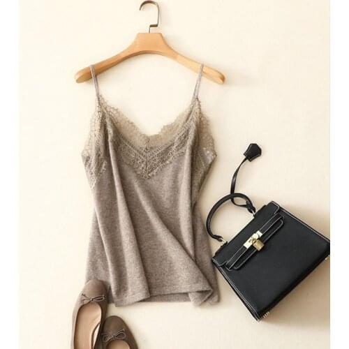 100% Cashmere Knitted Lace Neck Tank Top Vest Women Basic Clothing Solid Tops 4 Colors Cacual Style Spring New Fashion 2019