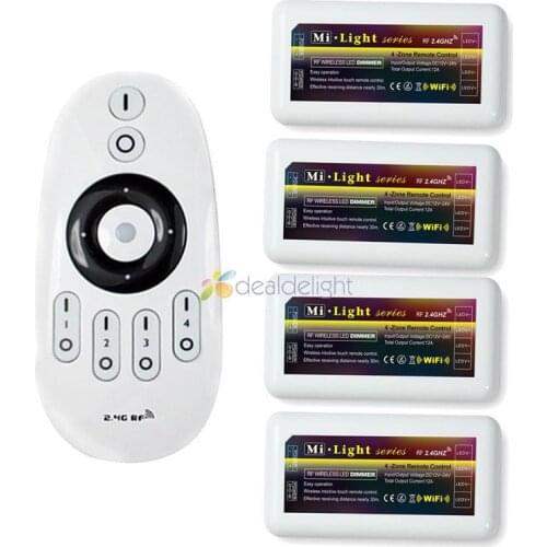 2.4G DC12/24V 12A Wireless RF Remote + 4x 4-Zone Group LED Brightness Adjust Dimmer Controller with For Single Color Strip Light