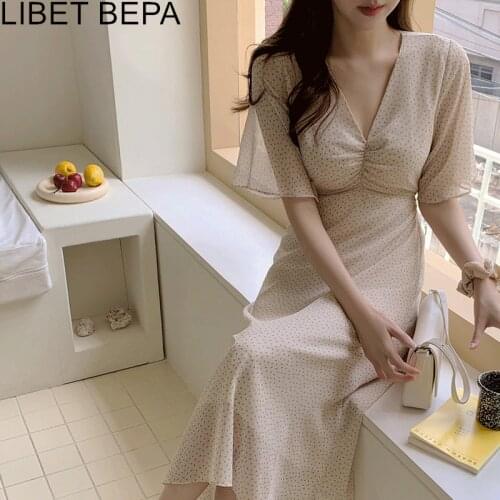 2021 New Summer Women Dresses High Waist Print Floral V-Neck Korean Style Chiffon Lace Up Vintage Wild Lady Long Dresses DR3510