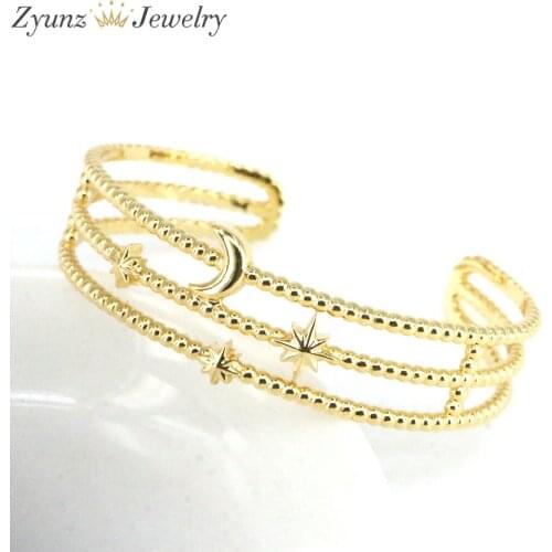 3PCS, Charm Gold Color Cuff Bangles For Women Girls Cute Moon And Star Bangles Bracelet Punk Jewelry