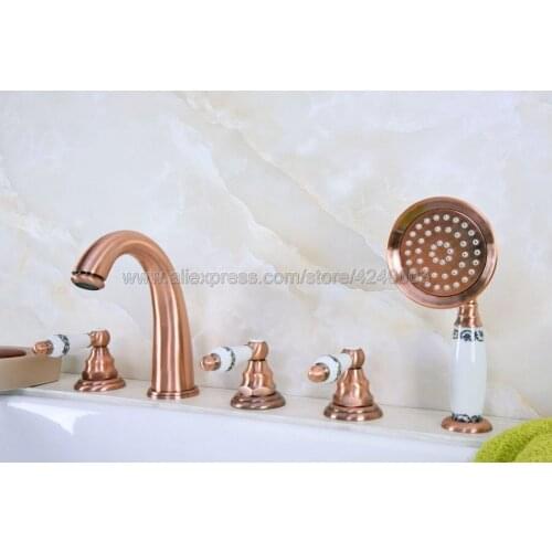 Antique Red Copper Bathroom Roman Tub Faucet Widespread 5pcs Tub Mixer Tap Deck Mounted with Hand Shower Ktf233