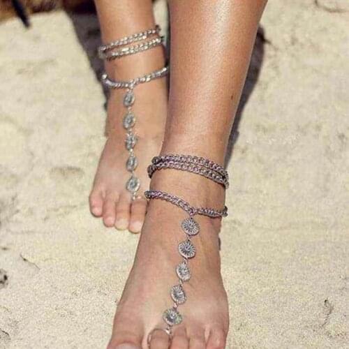 Retro Ethnic Style Silver Color Geometric Round Faceplate Anklets Multilayer Chain Toe Ring Anklet For Women Charm Foot Jewelry