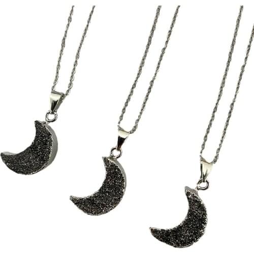Women Dainty Druzy Genuine Stone Charm Pendant with Edge Silvertone Plated Moon Charms for Lady Jewelry
