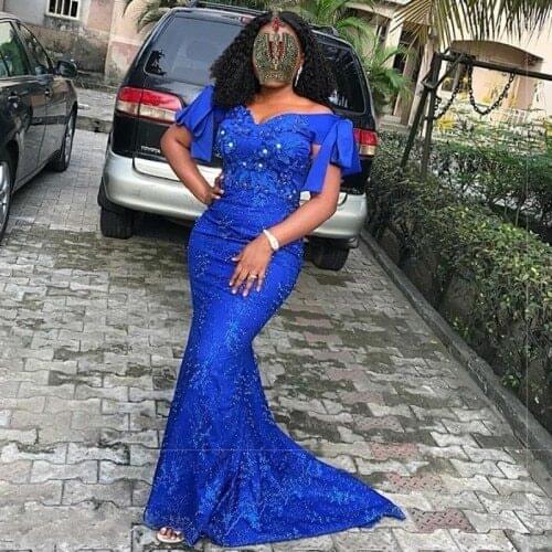 Elegant Off Shoulder Evening Dresses Lace Applique Formal Dress vestido de noche Beads Floor Length Party Gowns Africa Aso Ebi