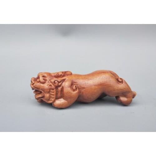 Chinese Home Collection Handwork Wood Carving God Beast Small Statue