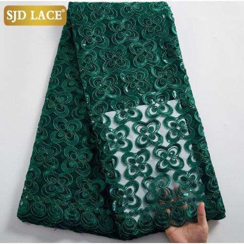 SJD LACE Green Sequined French Mesh Lace Fabric Sew Bridal Dress Material African Lace Fabric 5Yards Net For Wedding Party A2465