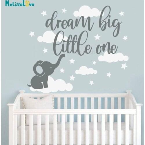 Dream Big Little One Quote Baby room decal Cute Baby Elephant Cloud Star Nursery Decor Kid Room Wallpaper BA823