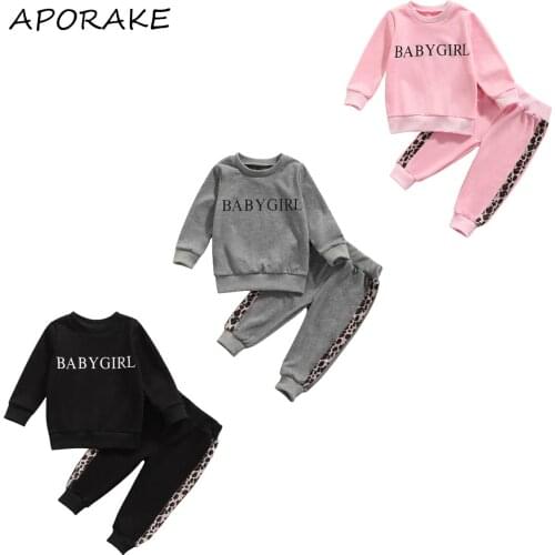 2021 0-5Y Casual Toddler Clothing BABY GIRL Letter Print Long Sleeve Sweatshirt+Leopard Striped Pants Autumn Tracksuit 2pcs Set