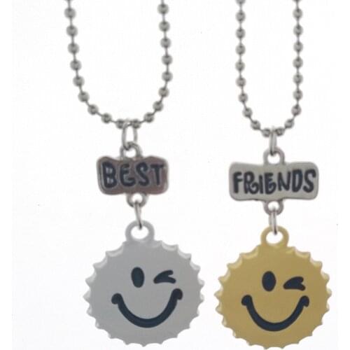 Children Best Friends Cute Smiling Face Wine Caps Pendant BFF 2 Necklace Friendship Jewelry Gifts For Kids 2PCS/Set