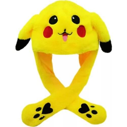 Pikachu Pokemon Anime Plush Hat Bunny Ears Plush Funny Cute Cartoon Hat Flashing Ears Moveable Plush Doll Gift Figure Toys