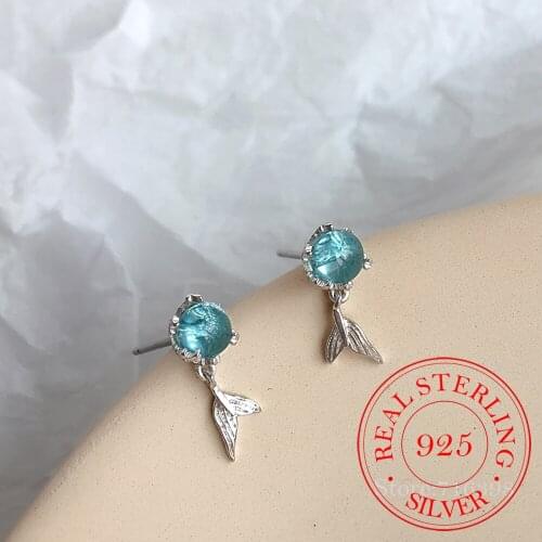 925 Sterling Silver Piercing Crystal Mermaid Stud Earrings for Women Girls Wedding Party Gift Femme Jewelry pendientes