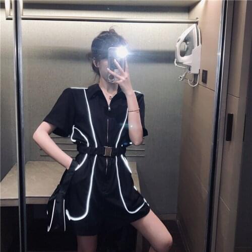Short Sleeve Big Pockets Reflective Waistband Punk Stylish Playsuit Rompers Black Overall Summer Loose Women Clothing 2020